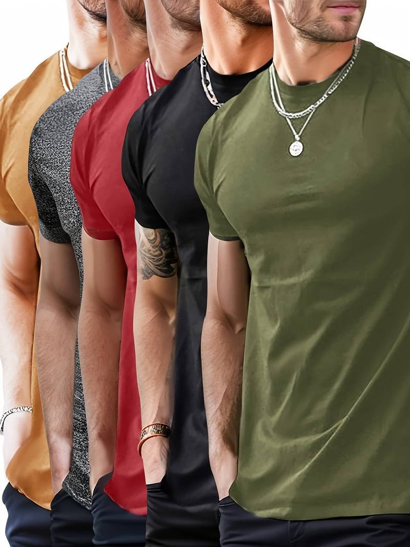 (image for) 5pcs Men's Fashion Sports T-shirt, Casual Stretch Round Neck Tee Shirt For Summer
