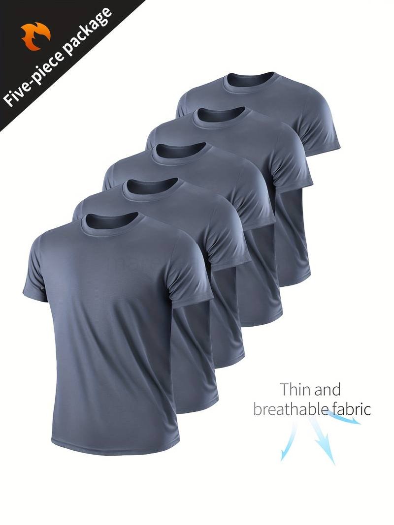 (image for) 5pcs Ultralight Men's Crew Neck T-Shirt - Quick Drying, Breathable, Sweat Absorbing For Fitness, Gym, Running And Bodybuilding