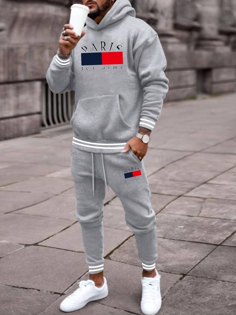 (image for) 2-piece PARIS Print Men's Spring Fall Sports Outfit Set, Men's Hooded Sweatshirt With Kangaroo Pocket & Drawstring Sweatpants Set