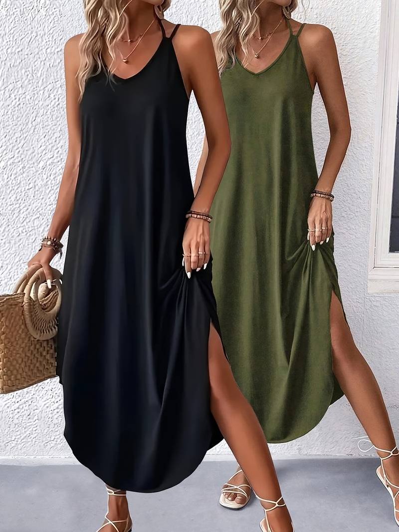 (image for) 2 Pack Solid Color Crew Neck Maxi Cami Dress, Casual Sleeveless Spaghetti Strap Curvy Hem Dress, Women's Clothing