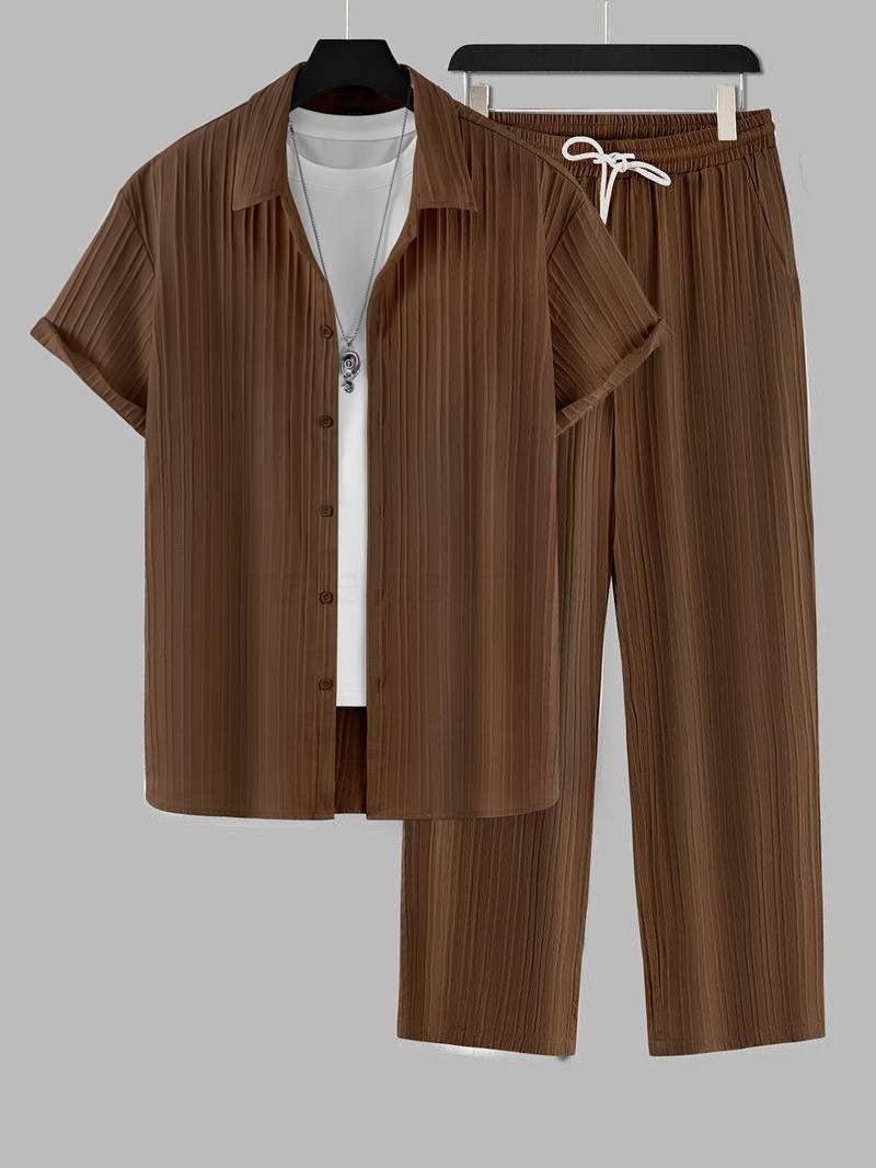 (image for) 2-piece Men's Stylish Spring Summer Vacation Outfit Set, Men's Ruffled Short Sleeve Lapel Shirt & Drawstring Long Pants Set