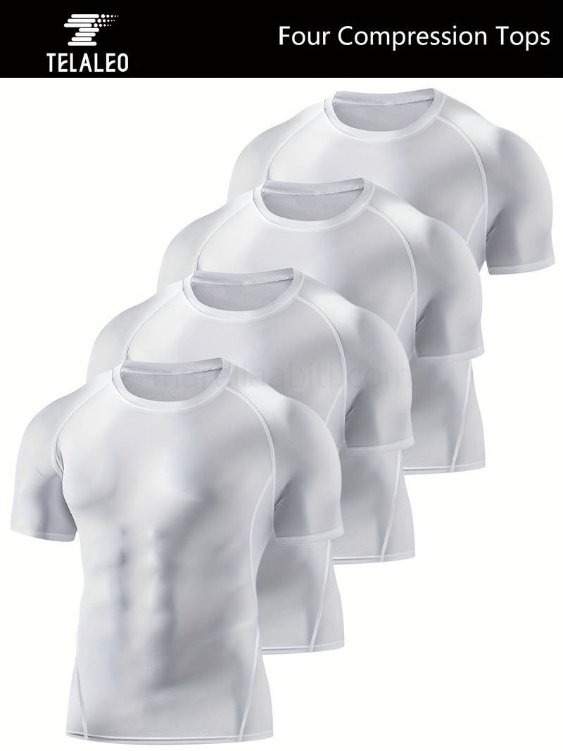 (image for) 4 Pack Compression Shirts, Men's Solid Stretch Short Sleeve Base Layer Athletic Undershirt Gear Workout T-Shirt