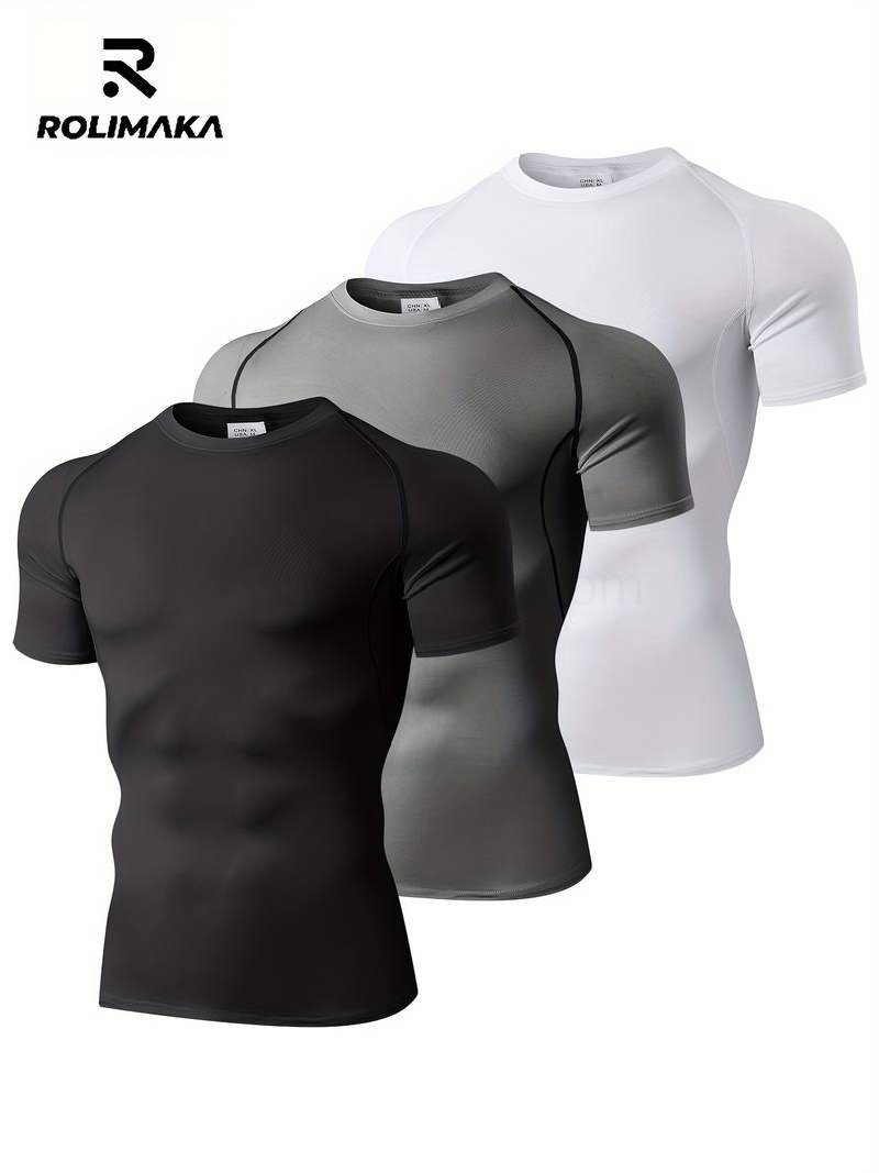 (image for) 3pcs Men's Compression Top, Active Mid Stretch Breathable Moisture Wicking Workout T-shirt For Outdoor Sports