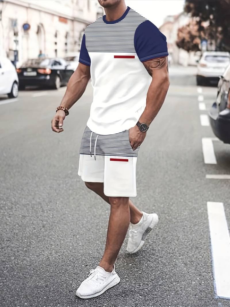 (image for) 2Pcs Trendy Color Block Outfits For Men, Casual Crew Neck Short Sleeve T-shirt And Drawstring Shorts Set For Summer, Men's Clothing Vacation Workout